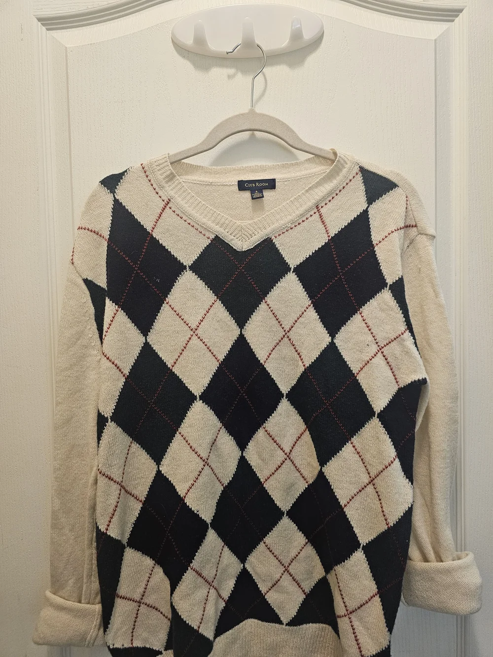 Club Room Cream and Black Argyle V-Neck Sweater with Red Accents